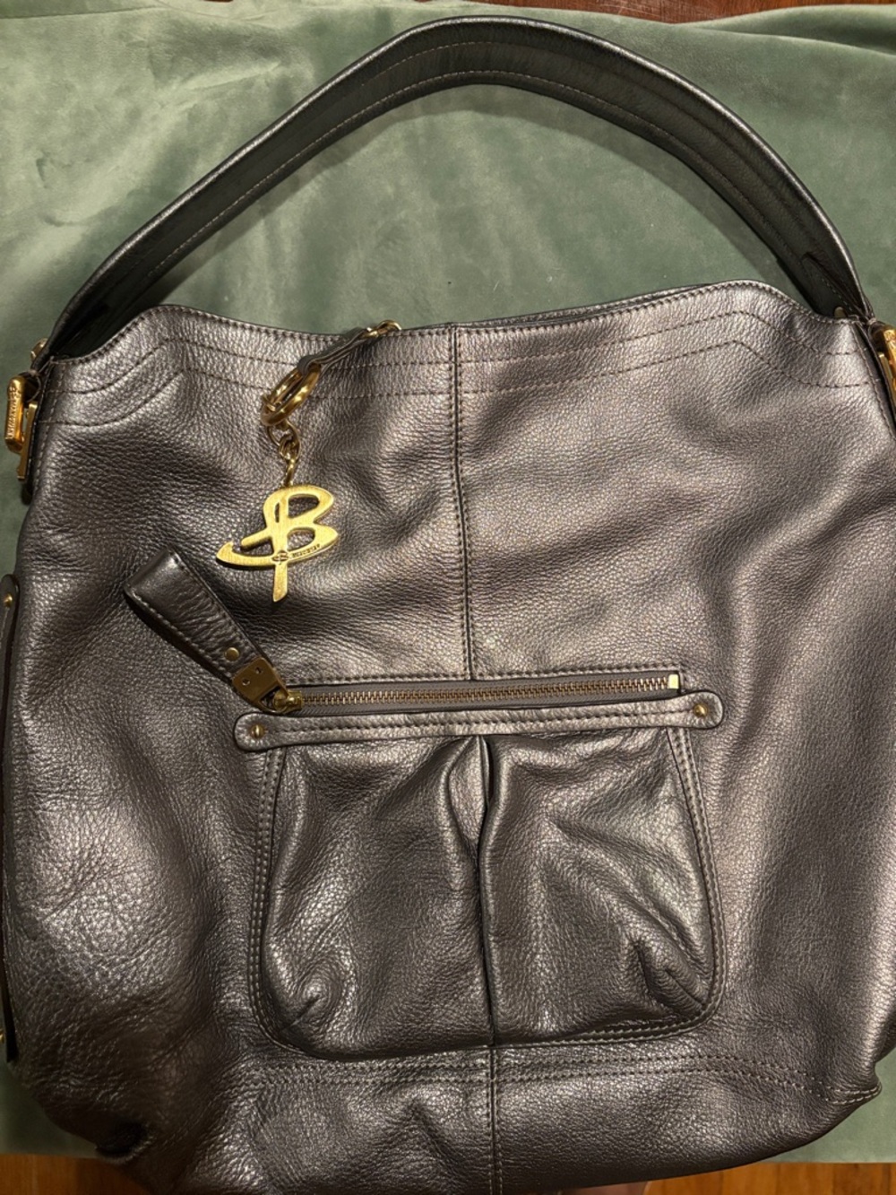 b. makowsky Pewter Pebbled Leather Shoulder Bag with Gold Logo Charm